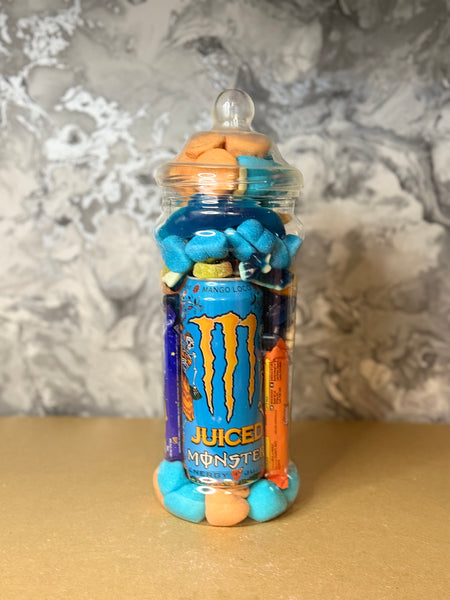 Blue and orange Victorian Sweet Jar with mango loco monster